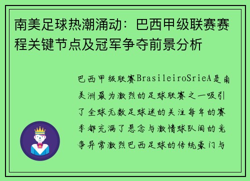 南美足球热潮涌动：巴西甲级联赛赛程关键节点及冠军争夺前景分析